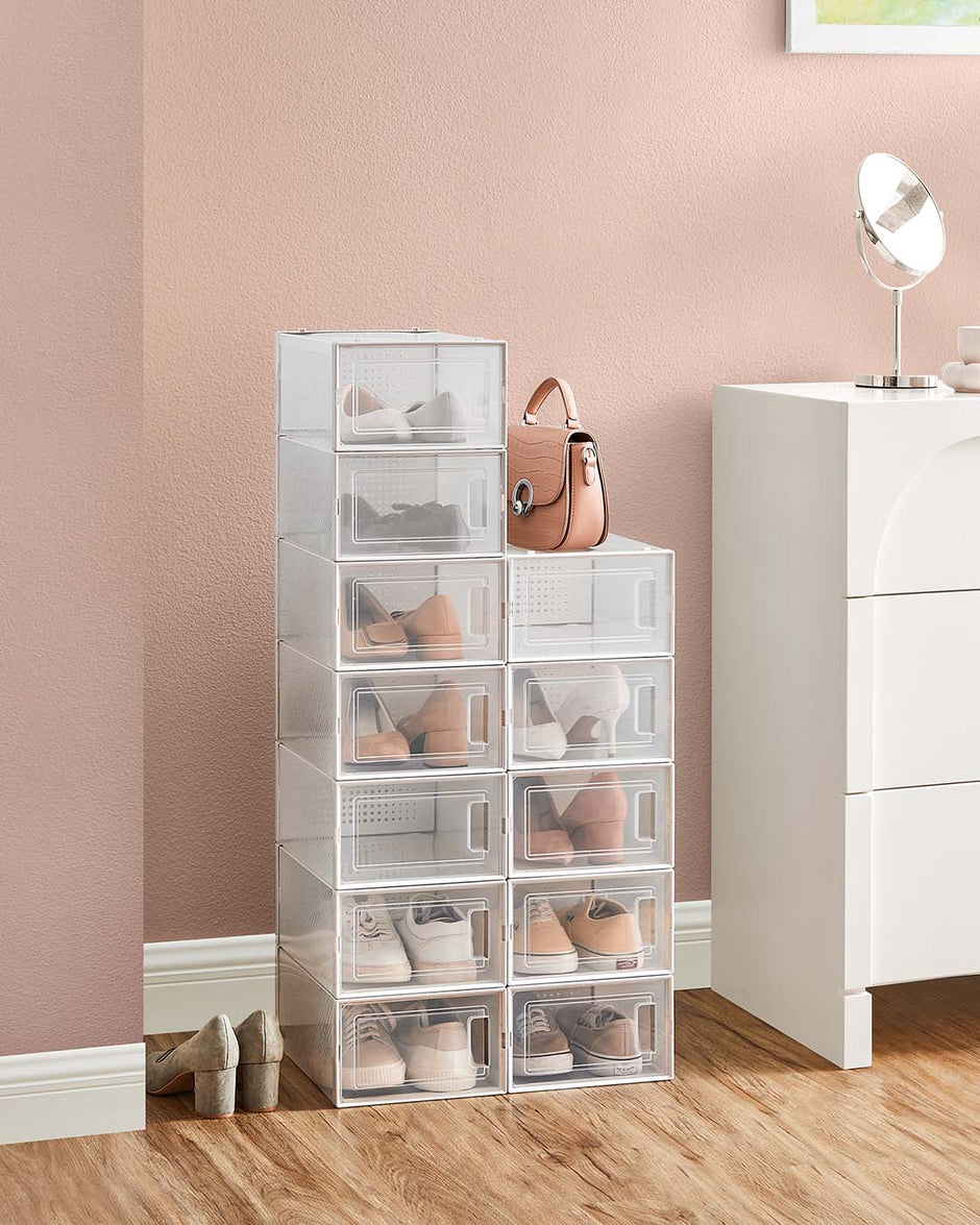 Shoe Storage Boxes – Transparent and White – Pack of 15 – Stackable and Versatile for Sizes Up to UK 9