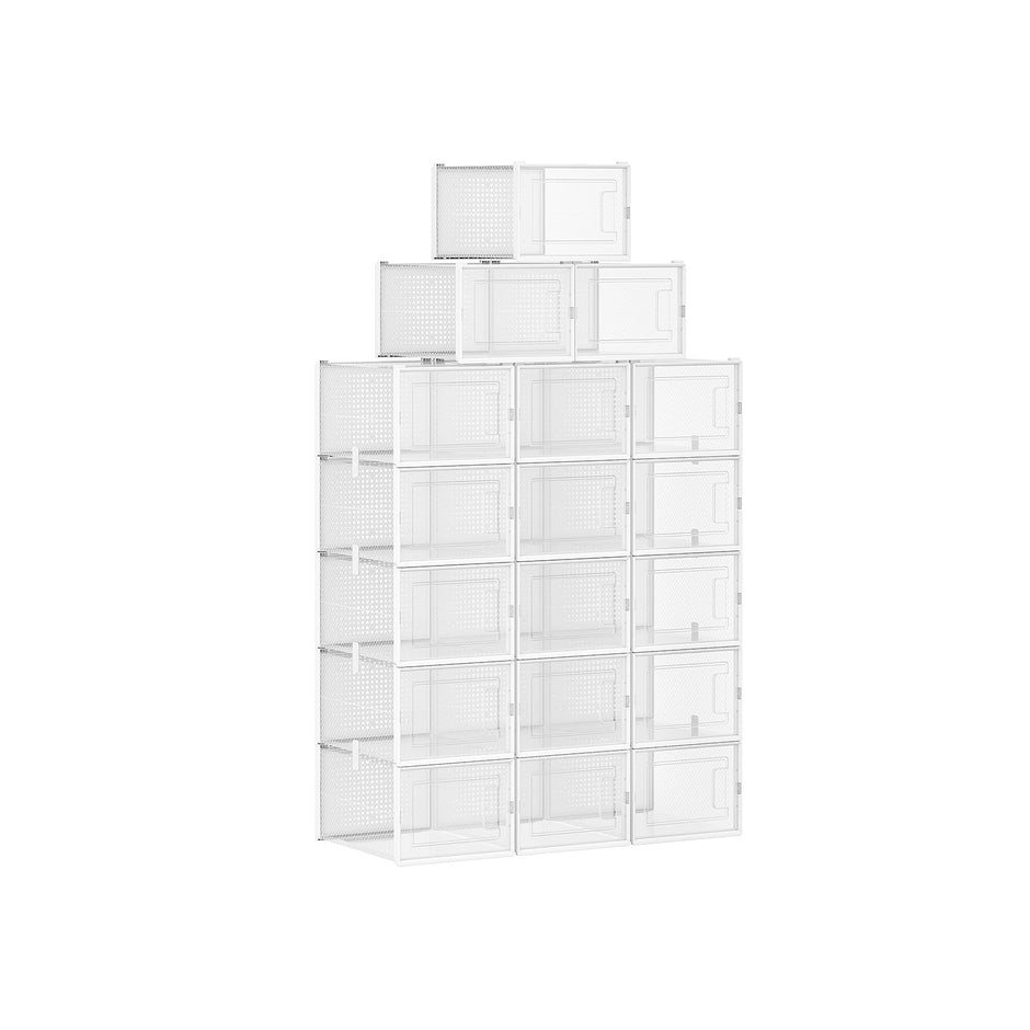 Shoe Storage Organisers – Plastic – Transparent and White – Stackable and Foldable, Fits Up to UK Size 9, Pack of 18