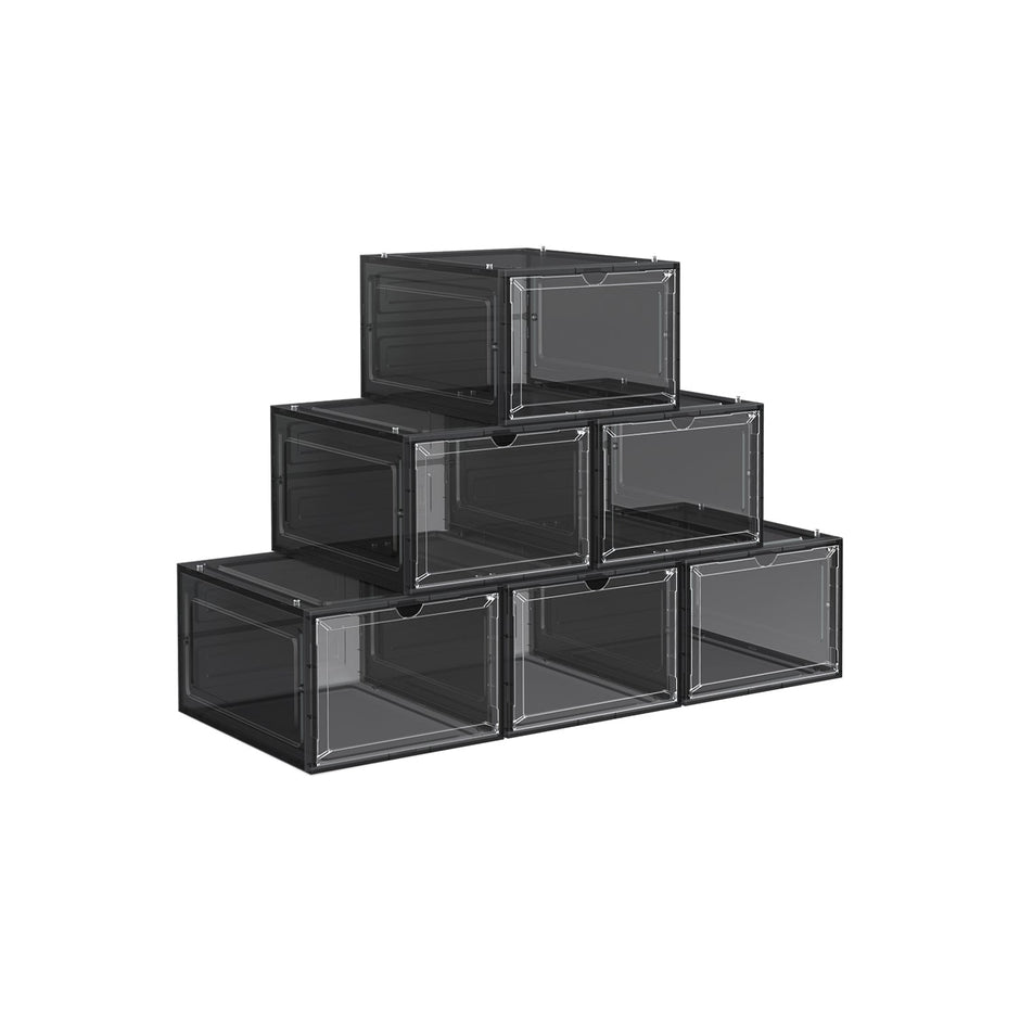 Stackable Shoe Storage Boxes – Plastic – Ink Black – Set of 6 with Clear Doors