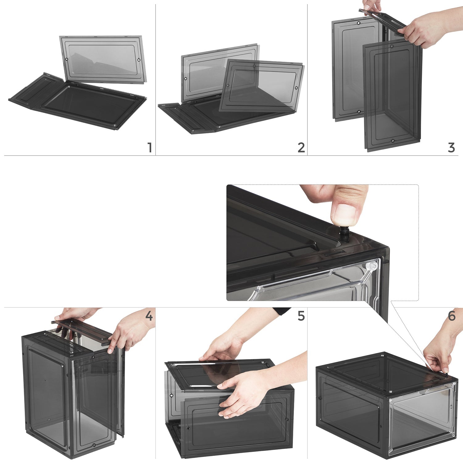 Stackable Shoe Storage Boxes – Plastic – Ink Black – Set of 6 with Clear Doors