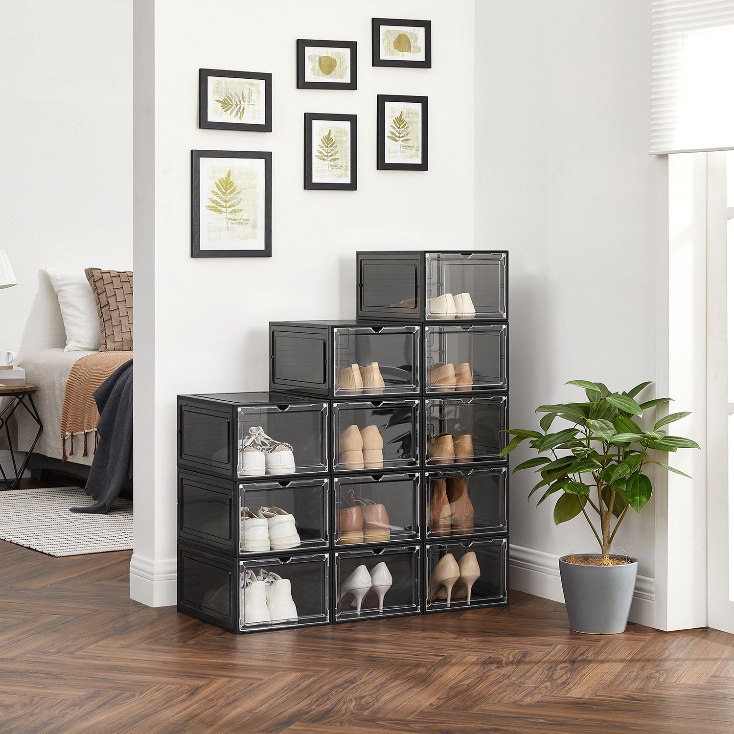 Stackable Shoe Storage Boxes – Plastic – Ink Black – Set of 6 with Clear Doors