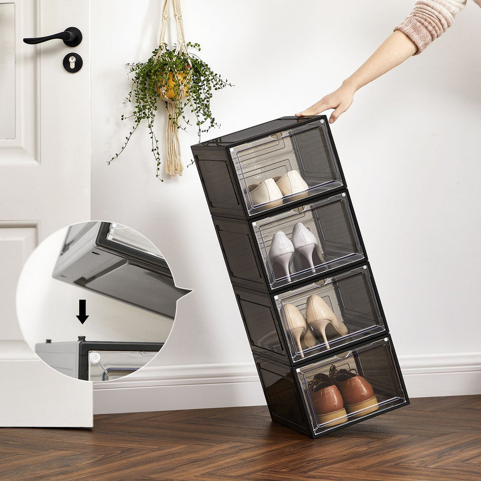 Stackable Shoe Storage Boxes – Plastic – Ink Black – Set of 6 with Clear Doors