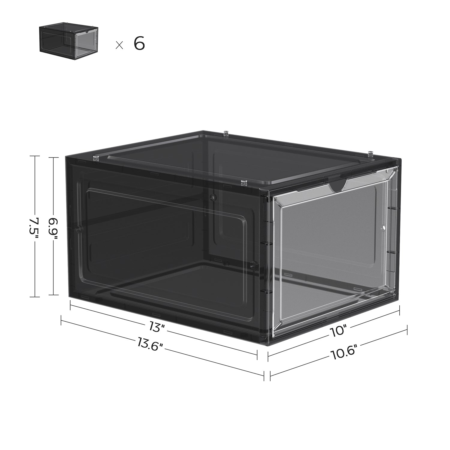 Stackable Shoe Storage Boxes – Plastic – Ink Black – Set of 6 with Clear Doors