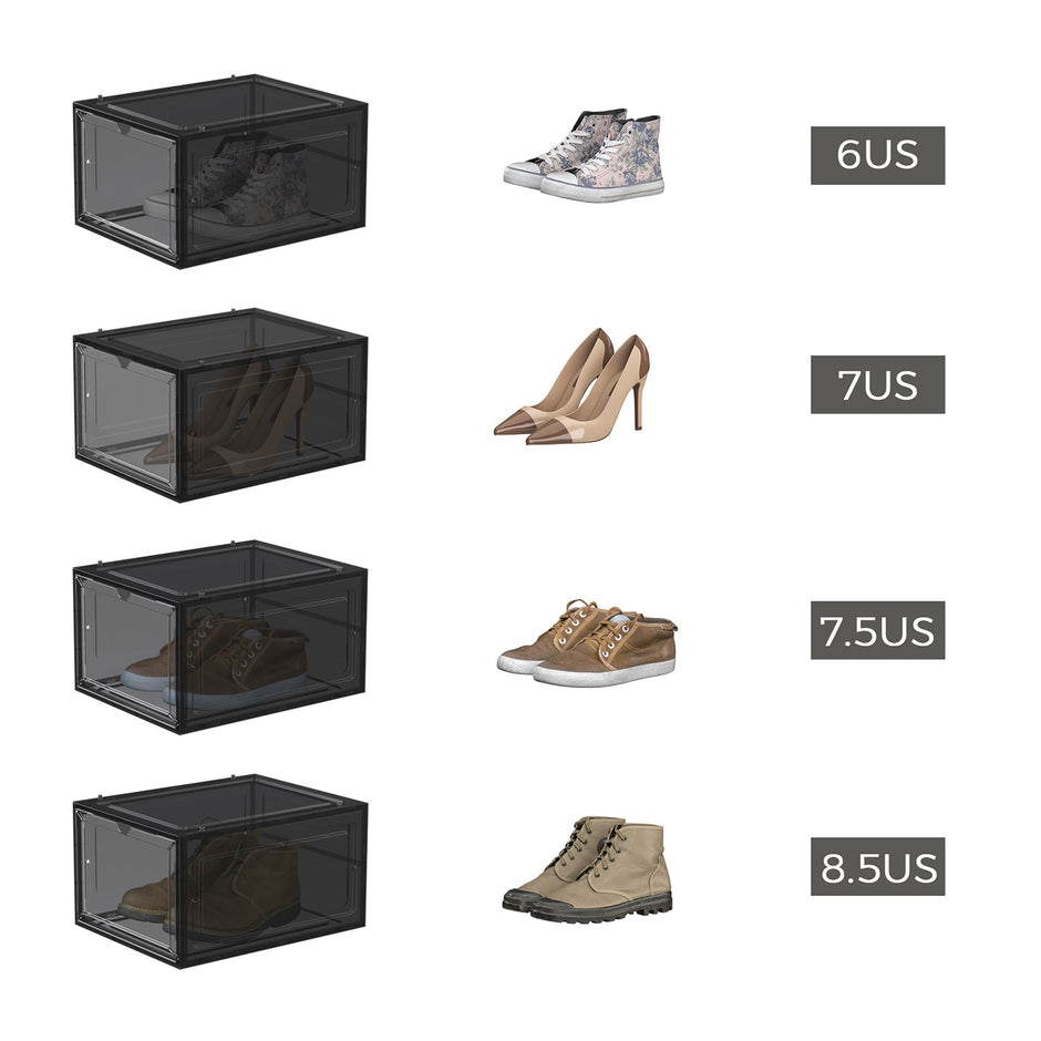 Stackable Shoe Storage Boxes – Plastic – Ink Black – Set of 6 with Clear Doors