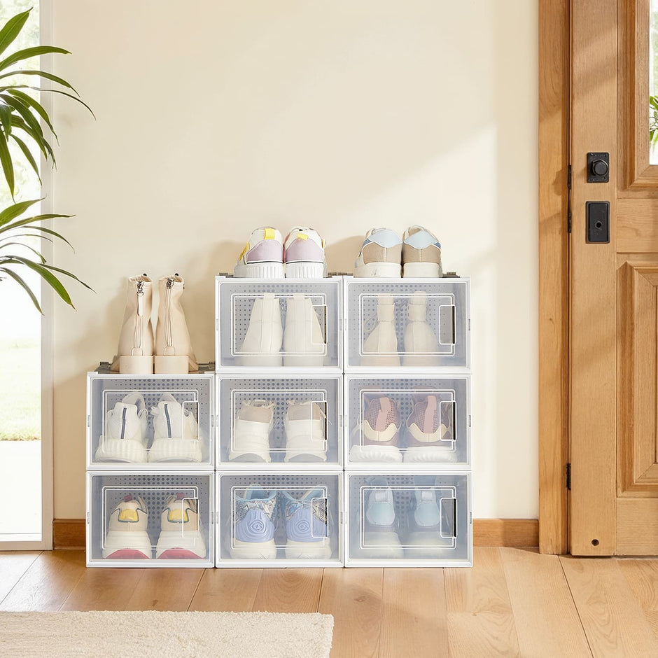 Set of 8 Sneaker Storage Boxes – Plastic – White and Transparent – Foldable and Stackable