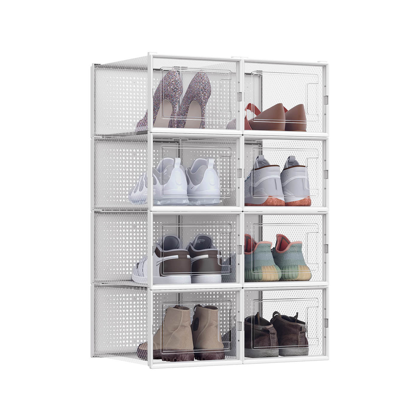 Shoe Storage Organisers – Transparent and White – Stackable and Foldable – Fits up to UK Size 9, Pack of 8