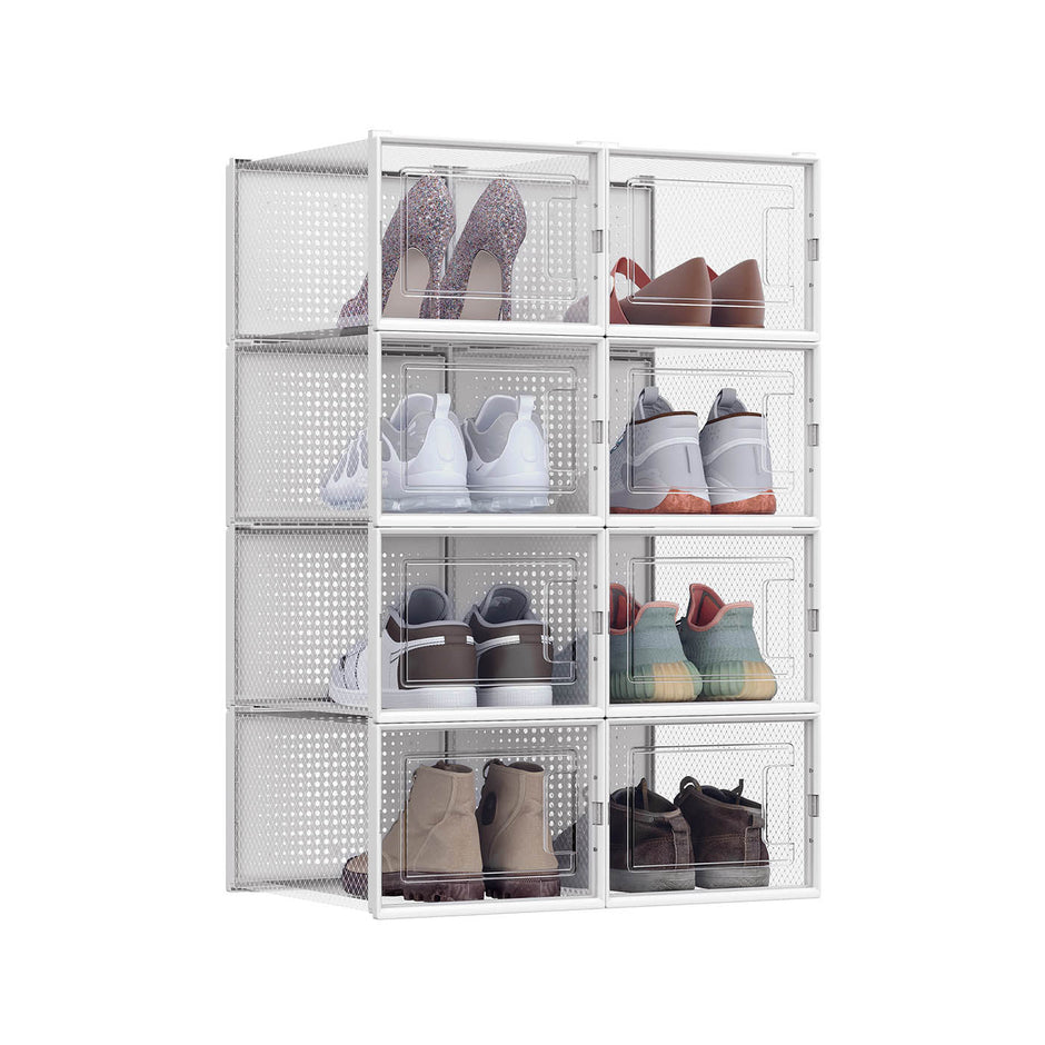 Shoe Storage Organisers – Transparent and White – Stackable and Foldable – Fits up to UK Size 9, Pack of 8
