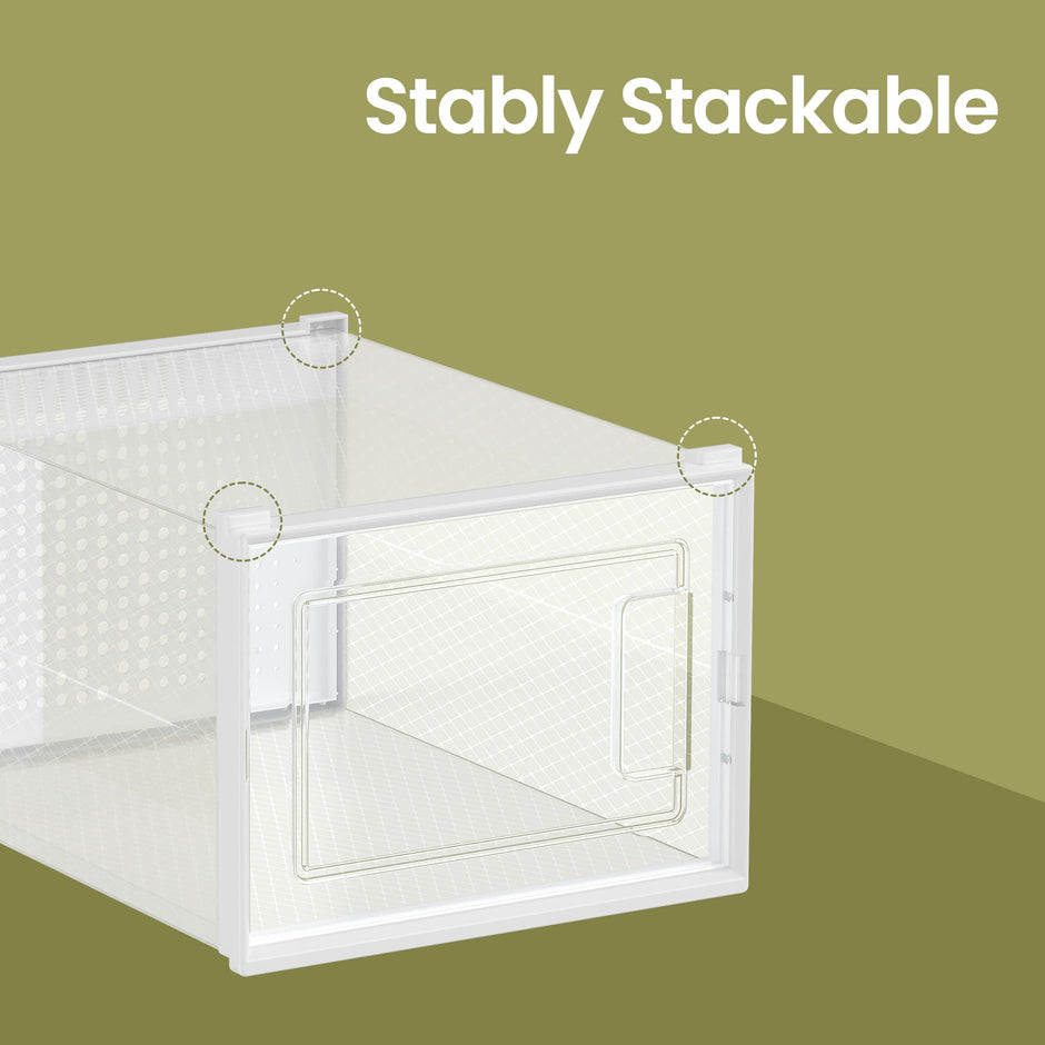 Set of 8 Sneaker Storage Boxes – Plastic – White and Transparent – Foldable and Stackable