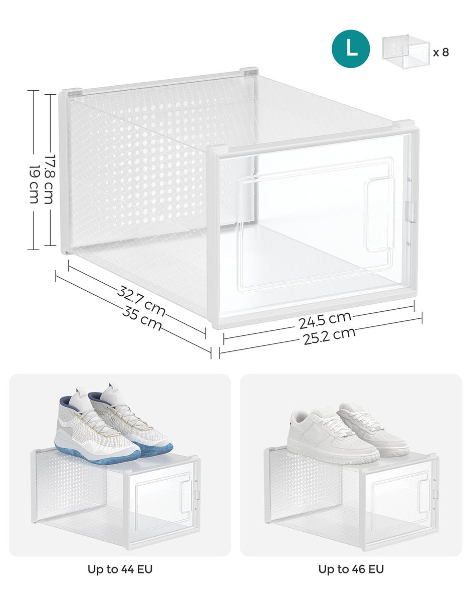 Shoe Storage Organisers – Transparent and White – Stackable and Foldable – Fits up to UK Size 9, Pack of 8