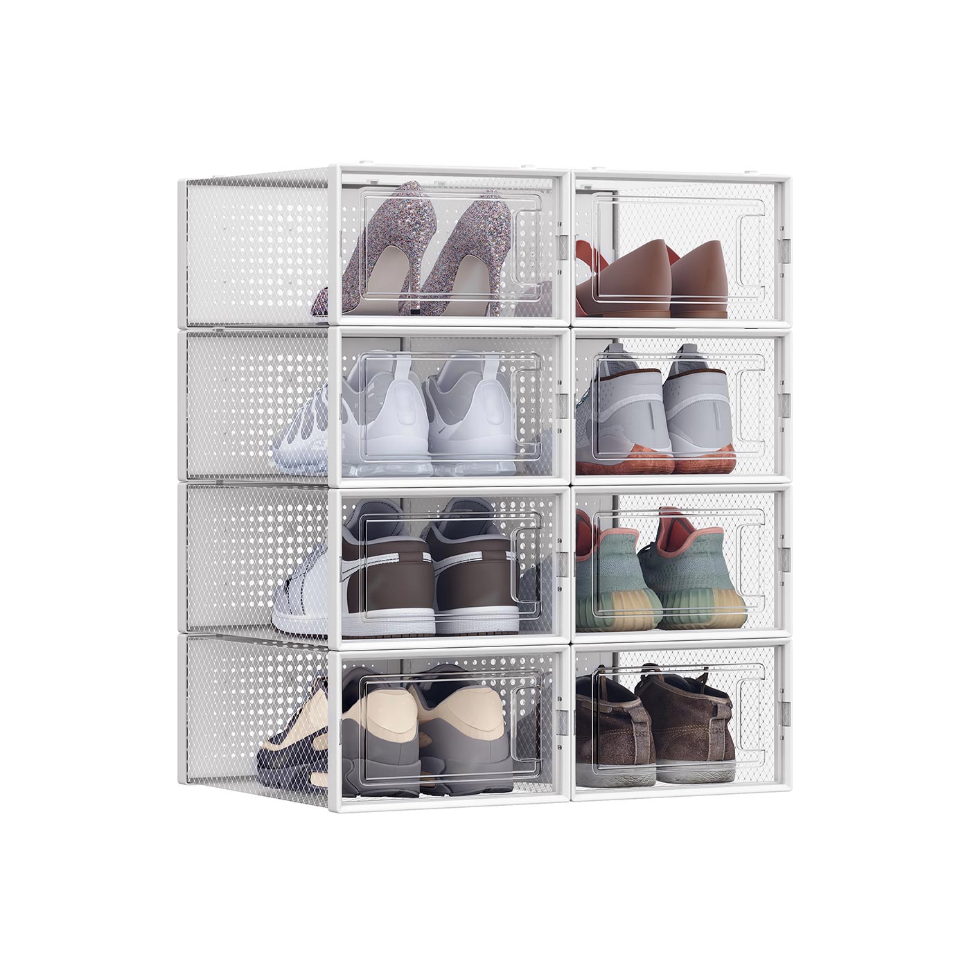 Foldable Shoe Storage Organisers – Plastic – Transparent and White – Pack of 8, Stackable for Sneakers up to UK Size 9