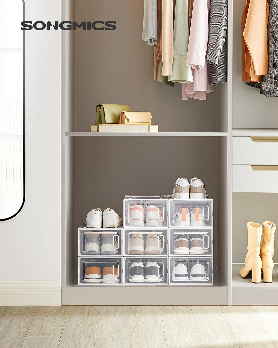 Foldable Shoe Storage Organisers – Plastic – Transparent and White – Pack of 8, Stackable for Sneakers up to UK Size 9