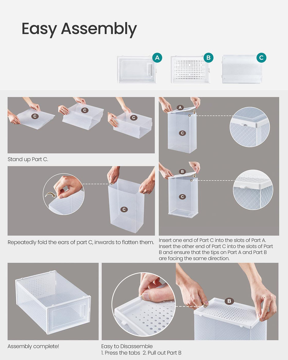 Foldable Shoe Storage Organisers – Plastic – Transparent and White – Pack of 8, Stackable for Sneakers up to UK Size 9
