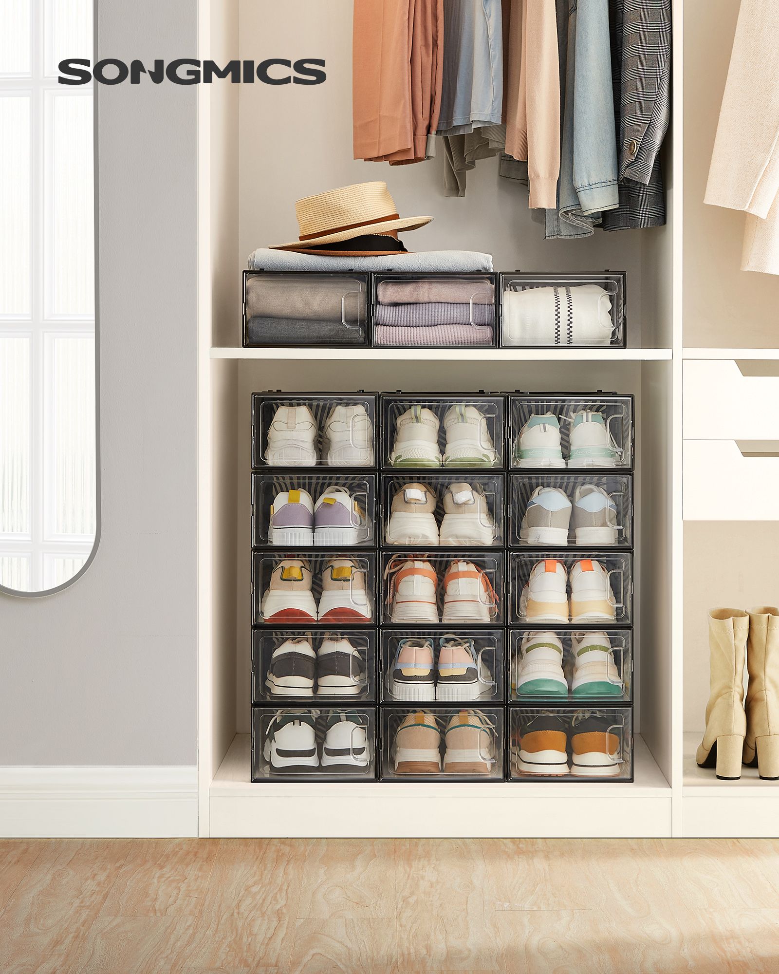 Pack of 18 Transparent Plastic Shoe Storage Boxes – Stackable and Breathable – Suitable for Max. UK Size 11