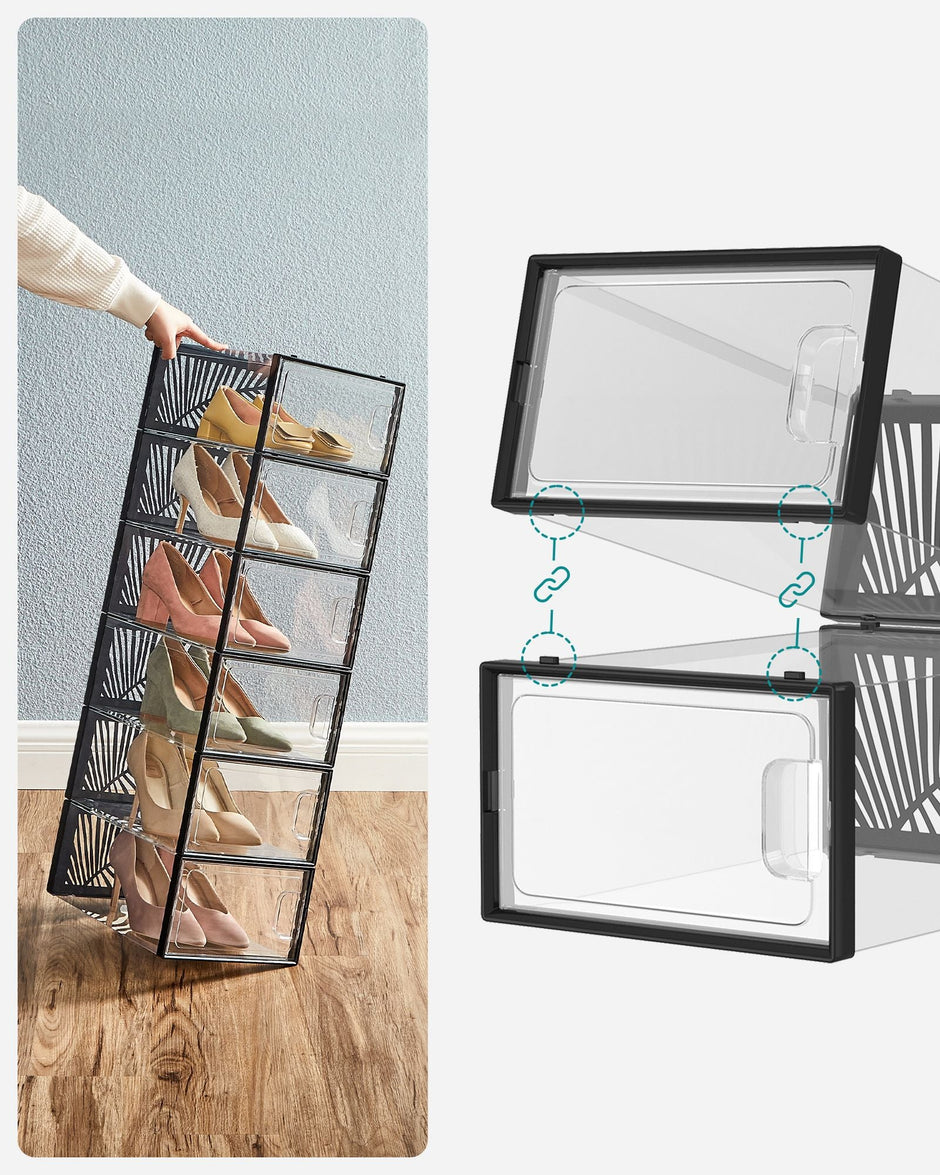 Pack of 18 Transparent Plastic Shoe Storage Boxes – Stackable and Breathable – Suitable for Max. UK Size 11
