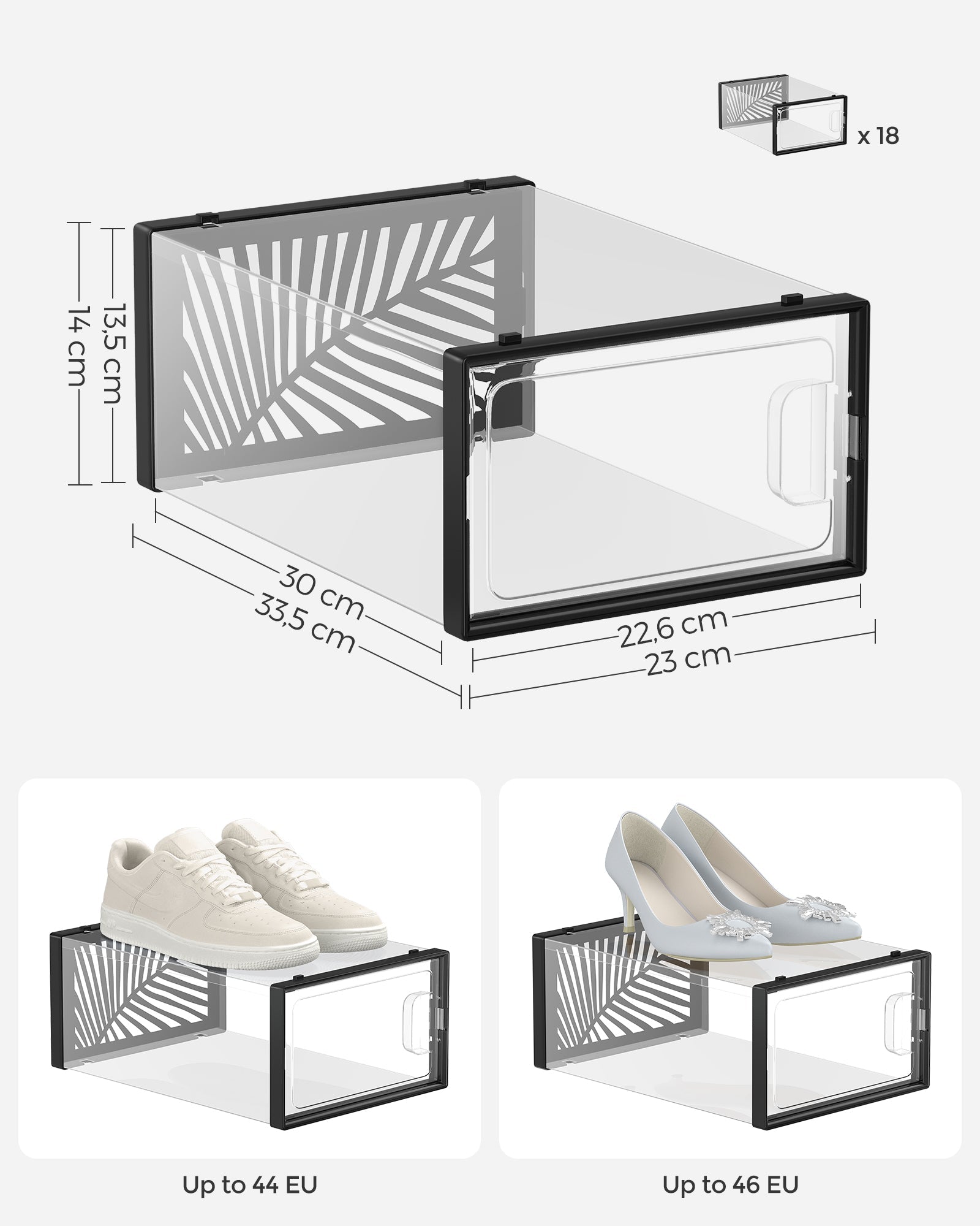 Pack of 18 Transparent Plastic Shoe Storage Boxes – Stackable and Breathable – Suitable for Max. UK Size 11