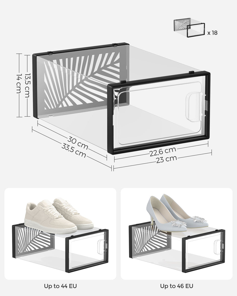 Pack of 18 Transparent Plastic Shoe Storage Boxes – Stackable and Breathable – Suitable for Max. UK Size 11