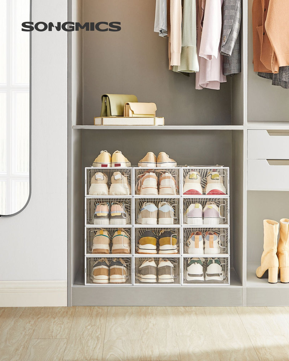 Set of 12 Stackable Shoe Boxes – Transparent – Breathable and Foldable – For Max UK Size 11