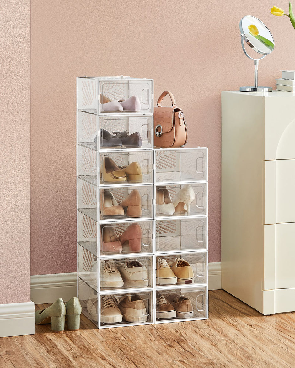 Set of 12 Stackable Shoe Boxes – Transparent – Breathable and Foldable – For Max UK Size 11