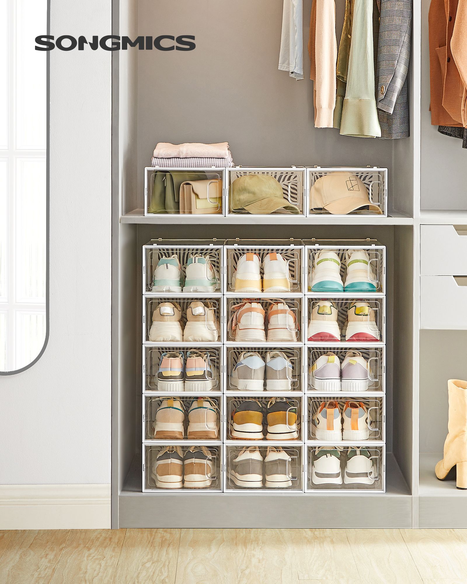 Shoe Storage Boxes – Plastic – Transparent and White – Stackable and Breathable, Set of 18