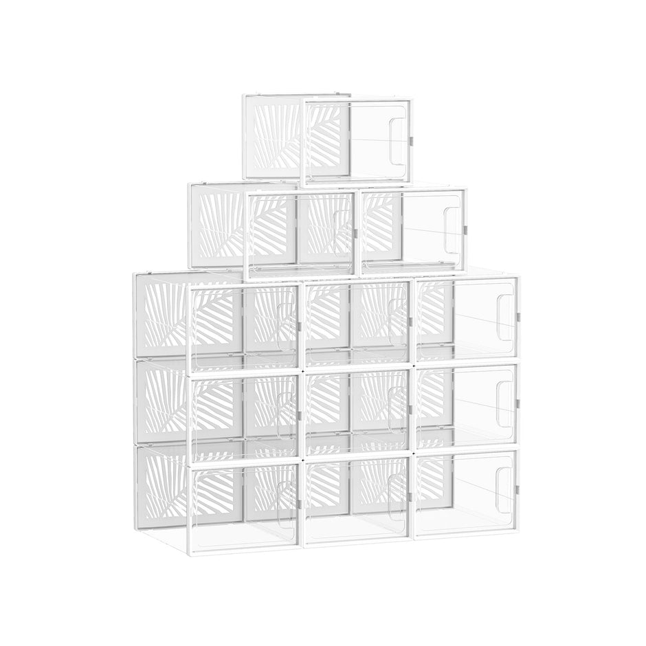 Set of 12 Stackable Shoe Boxes – Plastic – Transparent and White – Breathable and Foldable