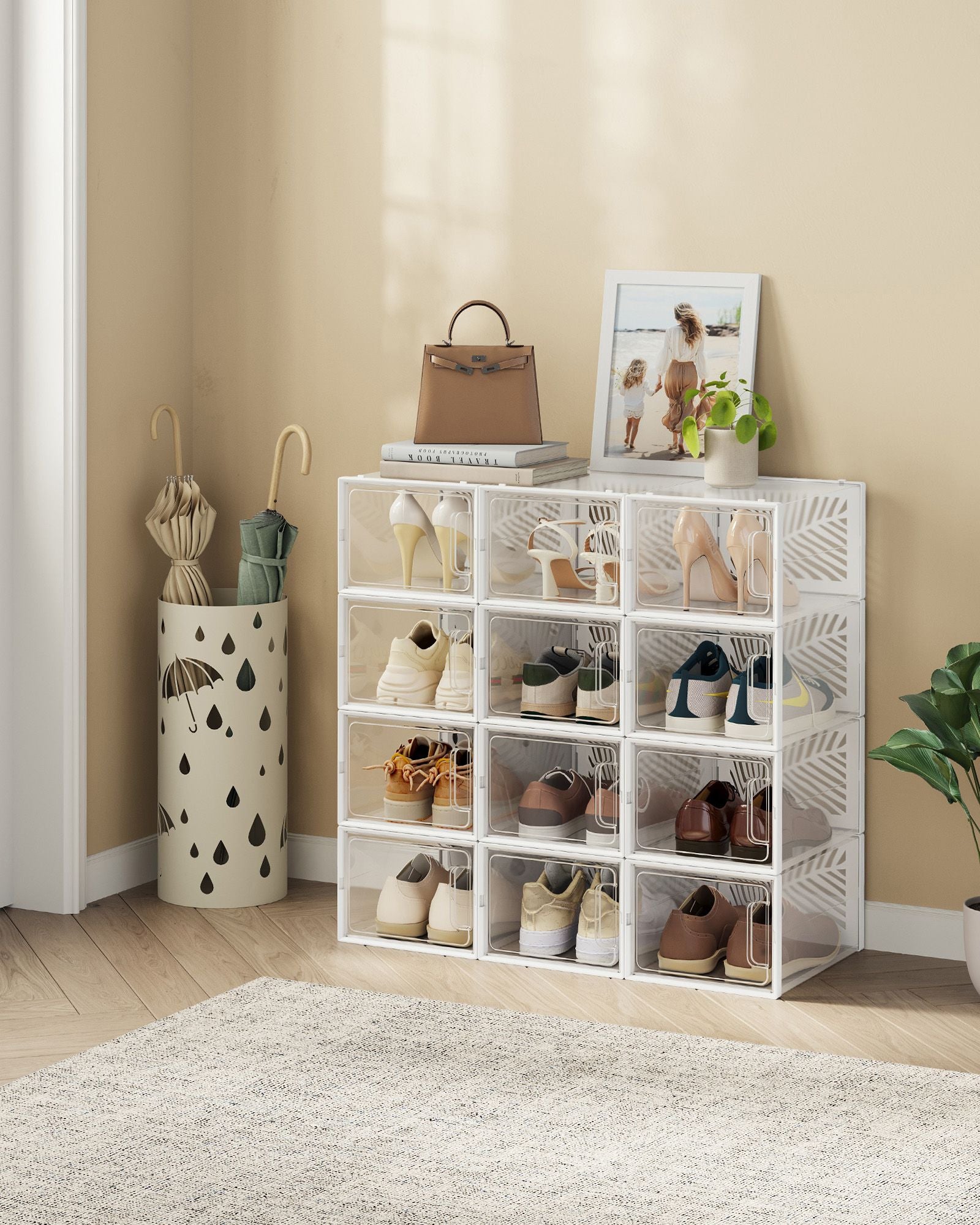 Set of 12 Stackable Shoe Boxes – Plastic – Transparent and White – Breathable and Foldable