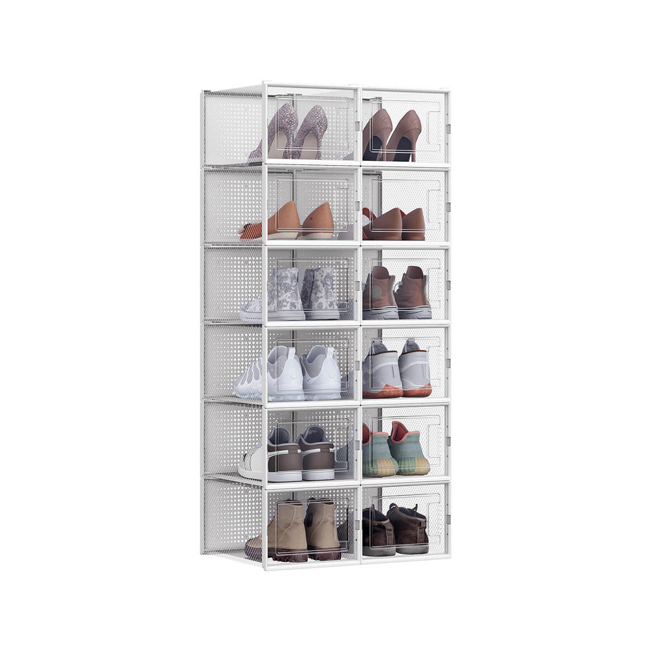 Shoe Storage Boxes – Plastic – Transparent and White – Stackable and Versatile, Set of 12