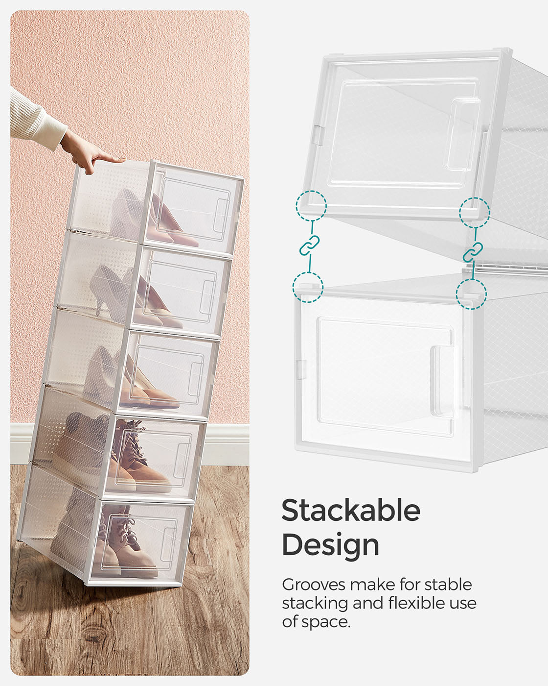 Shoe Storage Boxes – Plastic – Transparent and White – Stackable and Versatile, Set of 12