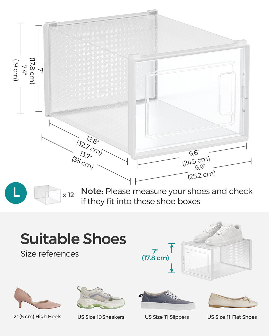 Shoe Storage Boxes – Plastic – Transparent and White – Stackable and Versatile, Set of 12