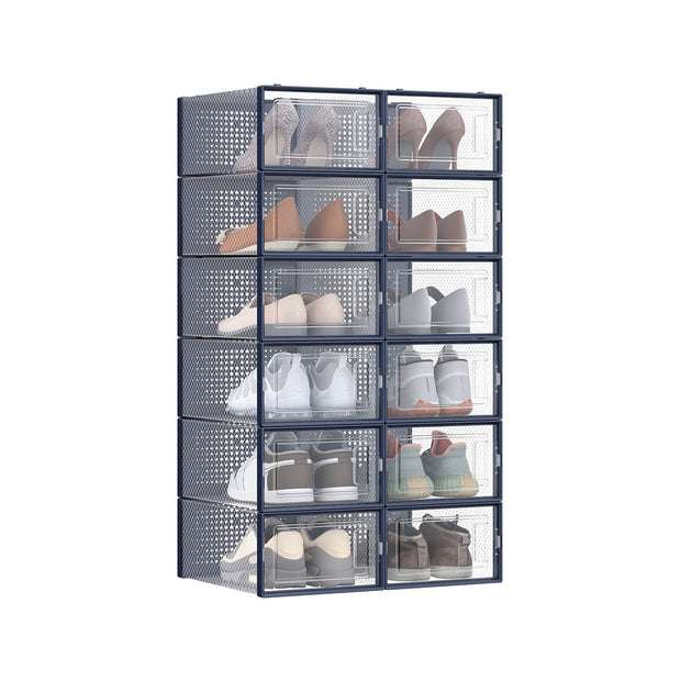 12-Pack Stackable Shoe Boxes – Plastic – Transparent and Charcoal Blue – Versatile Storage for Sizes Up to UK 7.5