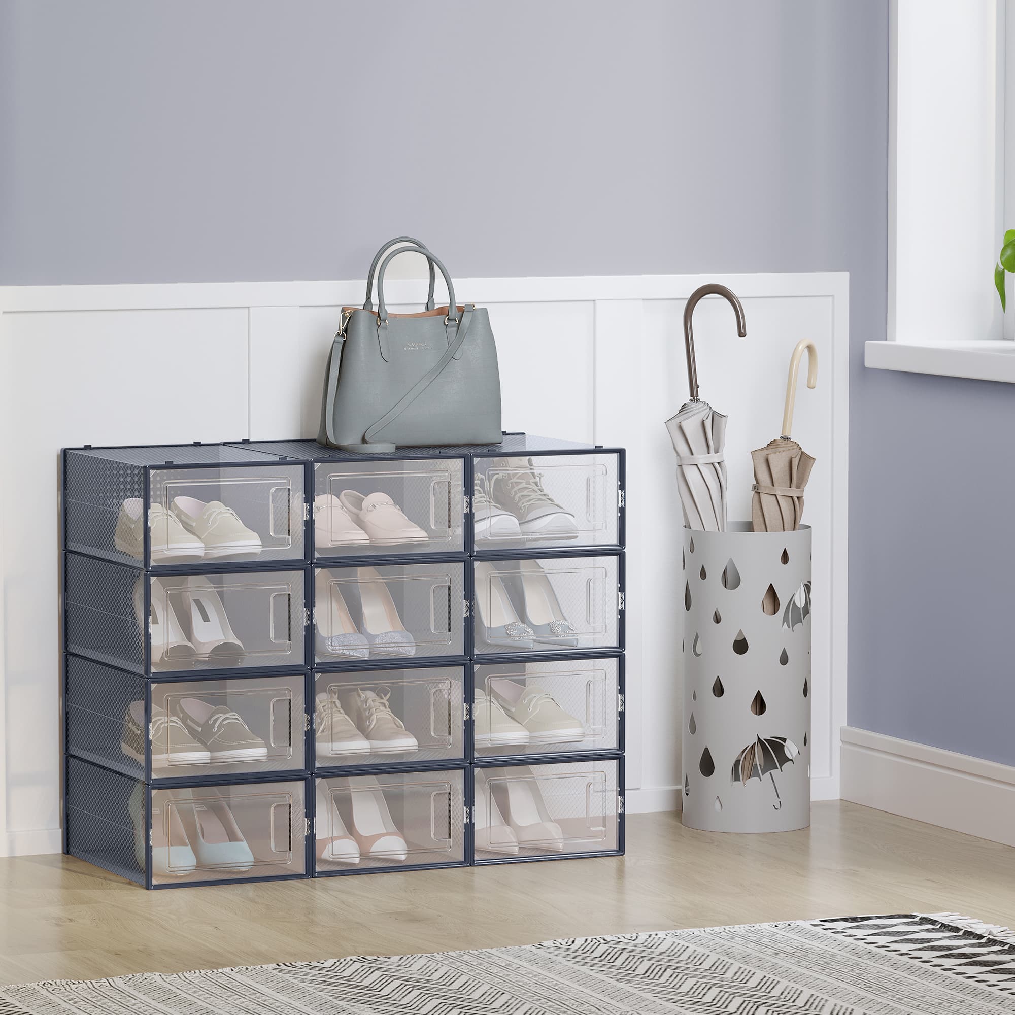 Stackable Shoe Storage Organizers – Plastic – Transparent and Charcoal Blue – 12-Pack