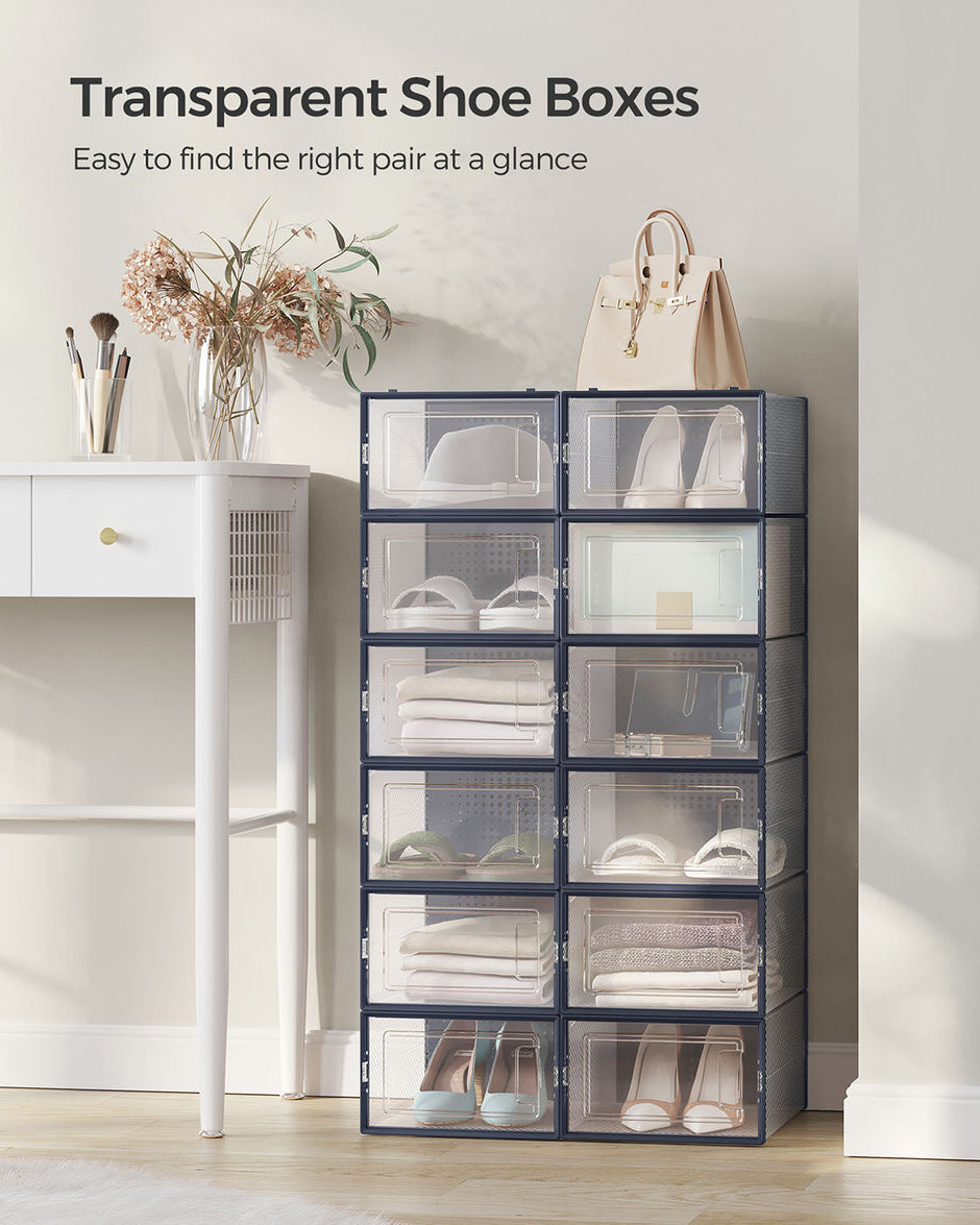 12-Pack Stackable Shoe Boxes – Plastic – Transparent and Charcoal Blue – Versatile Storage for Sizes Up to UK 7.5