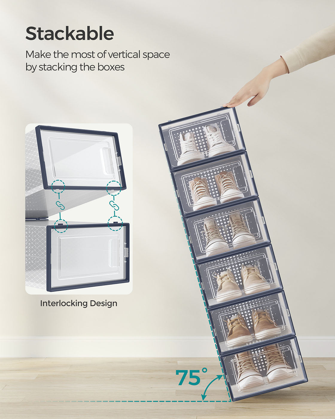 12-Pack Stackable Shoe Boxes – Plastic – Transparent and Charcoal Blue – Versatile Storage for Sizes Up to UK 7.5