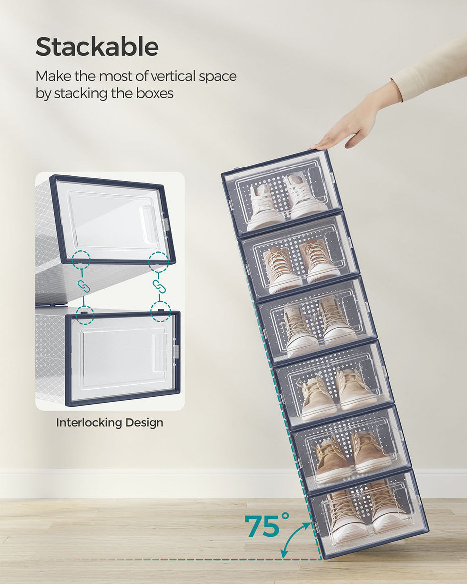 12-Pack Stackable Shoe Boxes – Plastic – Transparent and Charcoal Blue – Versatile Storage for Sizes Up to UK 7.5