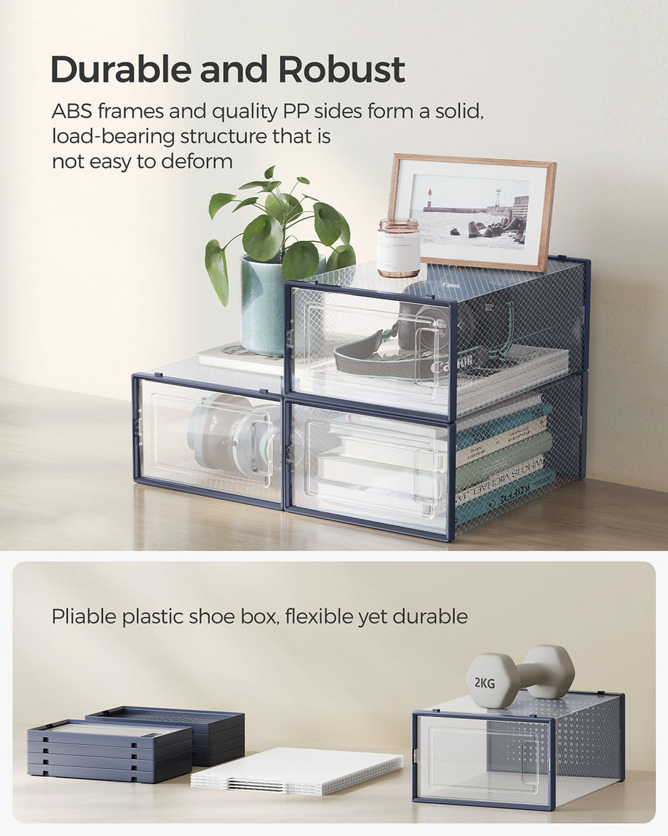 12-Pack Stackable Shoe Boxes – Plastic – Transparent and Charcoal Blue – Versatile Storage for Sizes Up to UK 7.5