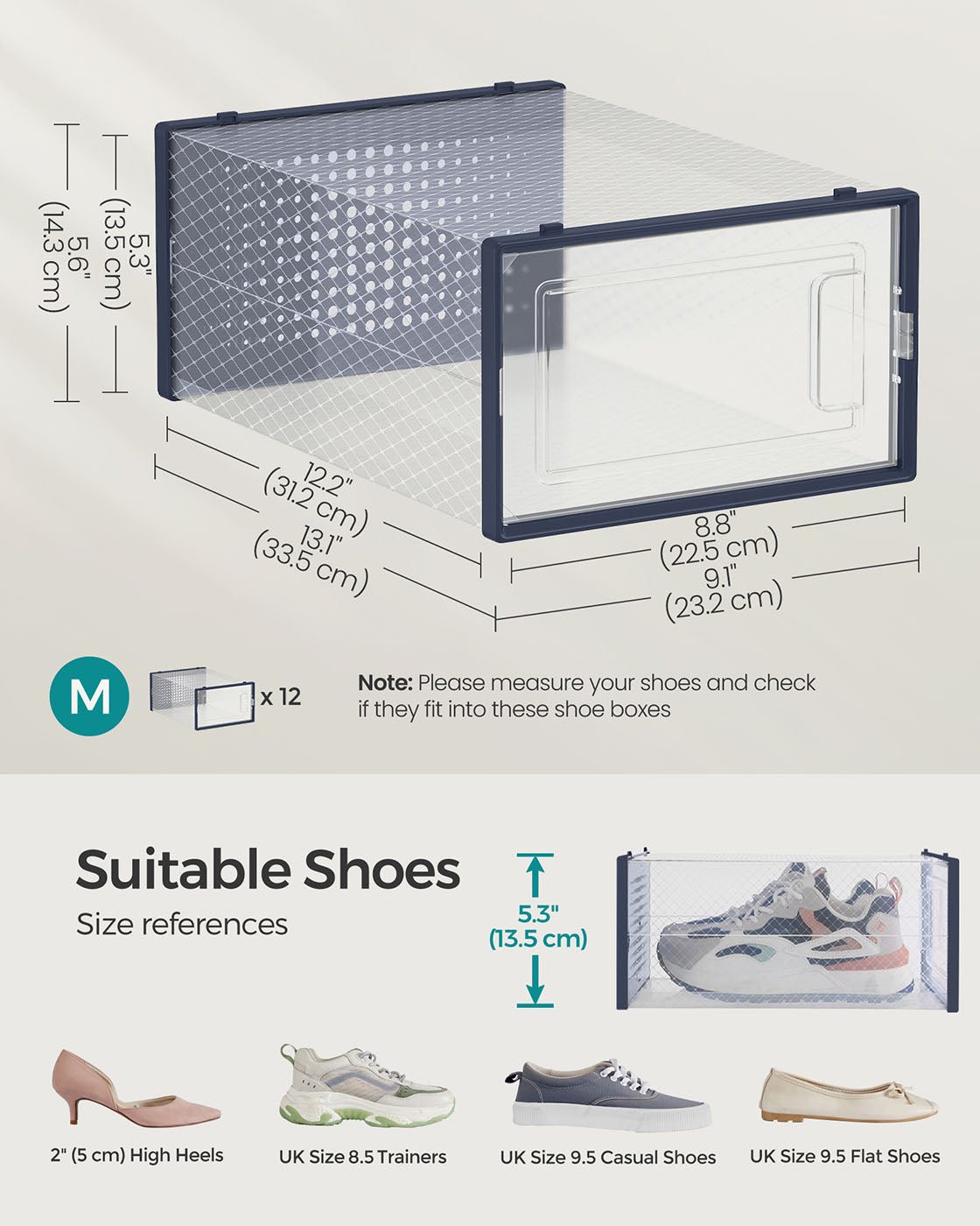 12-Pack Stackable Shoe Boxes – Plastic – Transparent and Charcoal Blue – Versatile Storage for Sizes Up to UK 7.5