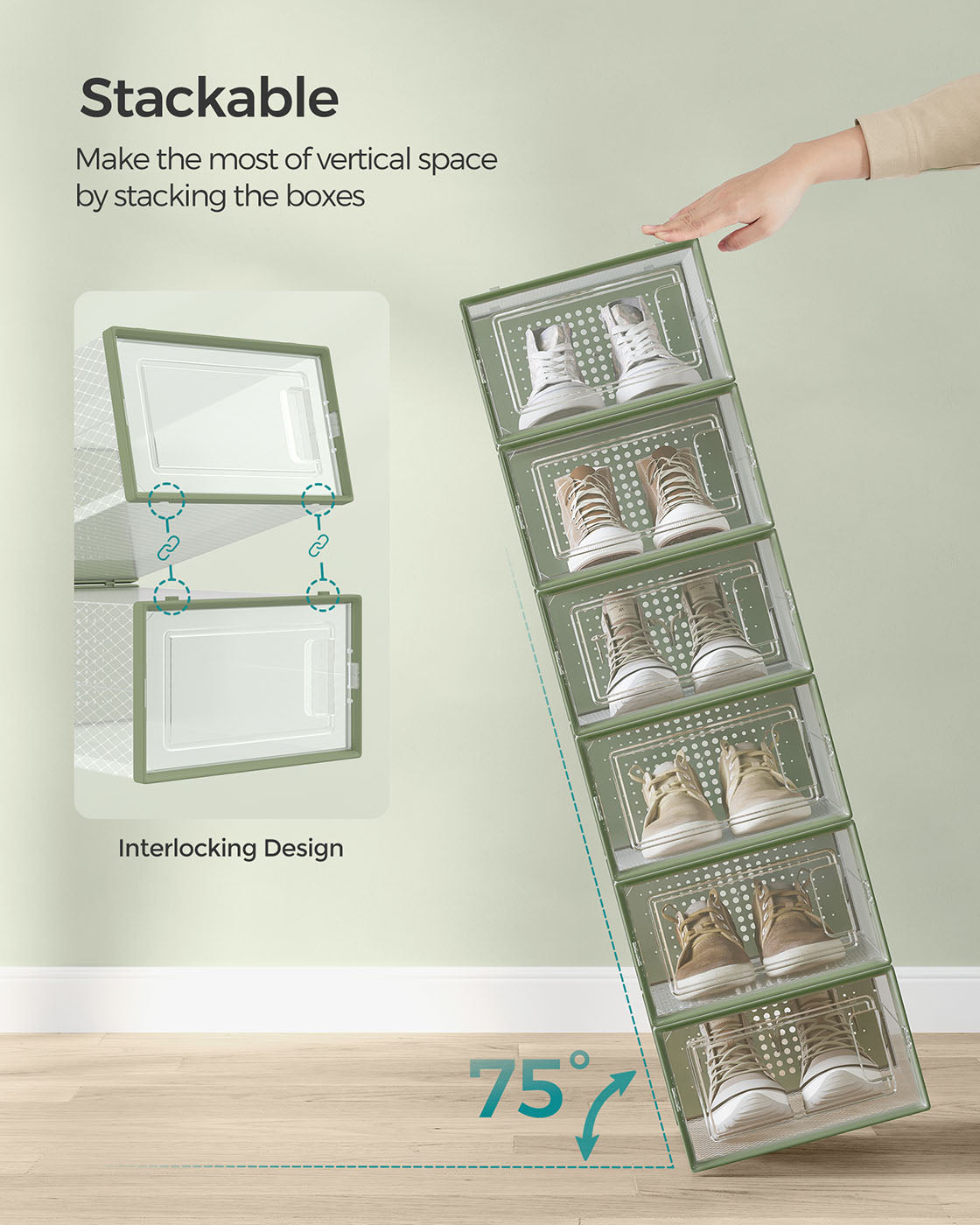 Stackable Shoe Boxes – Plastic – Transparent and Laurel Green – 12-Pack, Versatile Storage Organizer for Shoes Up to UK Size 7.5