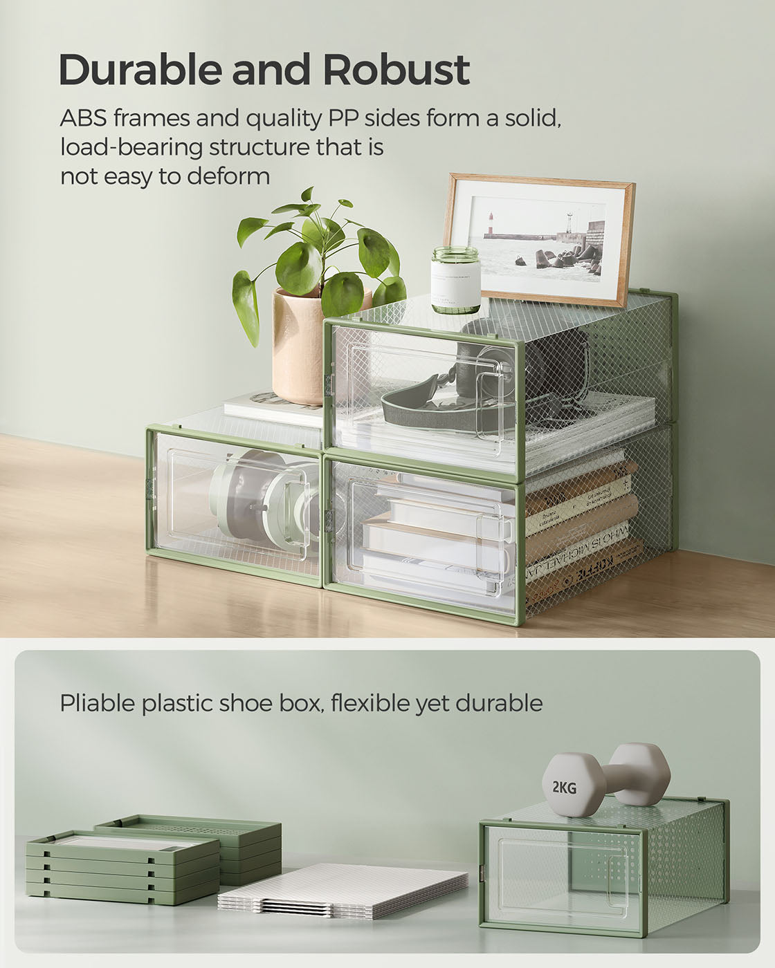 Stackable Shoe Boxes – Plastic – Transparent and Laurel Green – 12-Pack, Versatile Storage Organizer for Shoes Up to UK Size 7.5