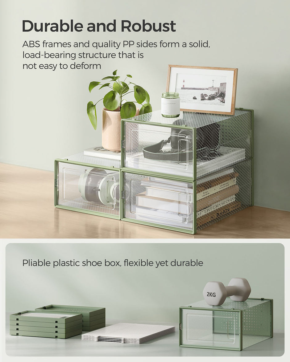 Stackable Shoe Boxes – Plastic – Transparent and Laurel Green – 12-Pack, Versatile Storage Organizer for Shoes Up to UK Size 7.5