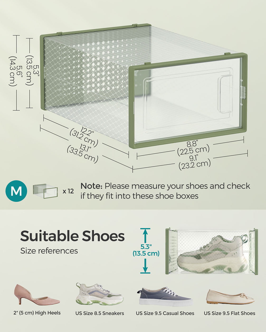 Stackable Shoe Boxes – Plastic – Transparent and Laurel Green – 12-Pack, Versatile Storage Organizer for Shoes Up to UK Size 7.5
