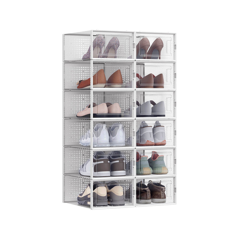 Shoe Storage Boxes – Plastic – Transparent – Stackable Design with Lids, Set of 12