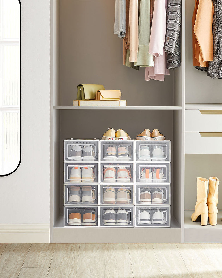 Shoe Storage Boxes – Plastic – Transparent – Stackable Design with Lids, Set of 12
