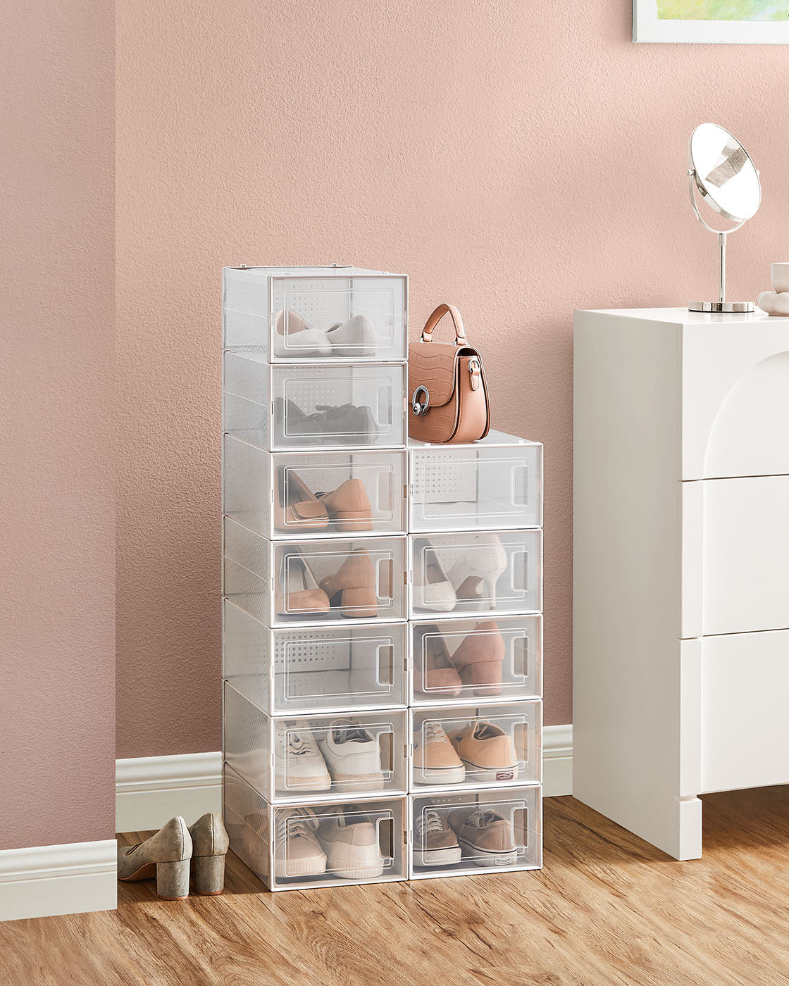 Shoe Storage Boxes – Plastic – Transparent – Stackable Design with Lids, Set of 12