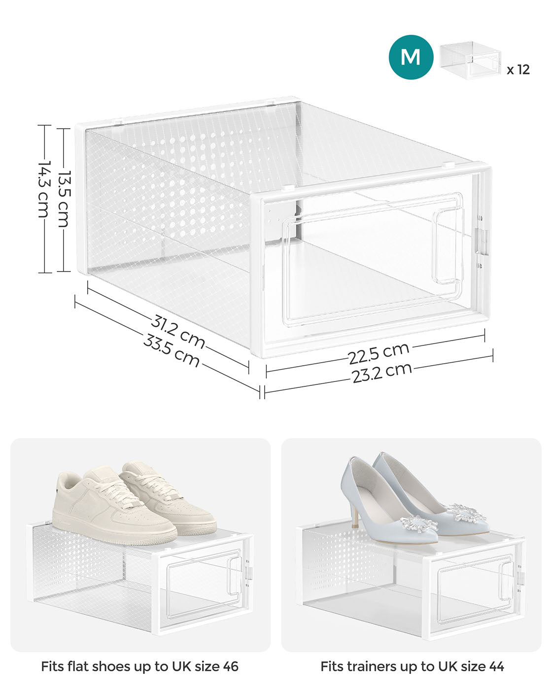 Shoe Storage Boxes – Plastic – Transparent – Stackable Design with Lids, Set of 12