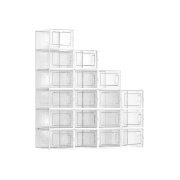 Stackable Shoe Storage Boxes – Plastic – Transparent and White – Foldable Design, Fits Up to UK Size 9