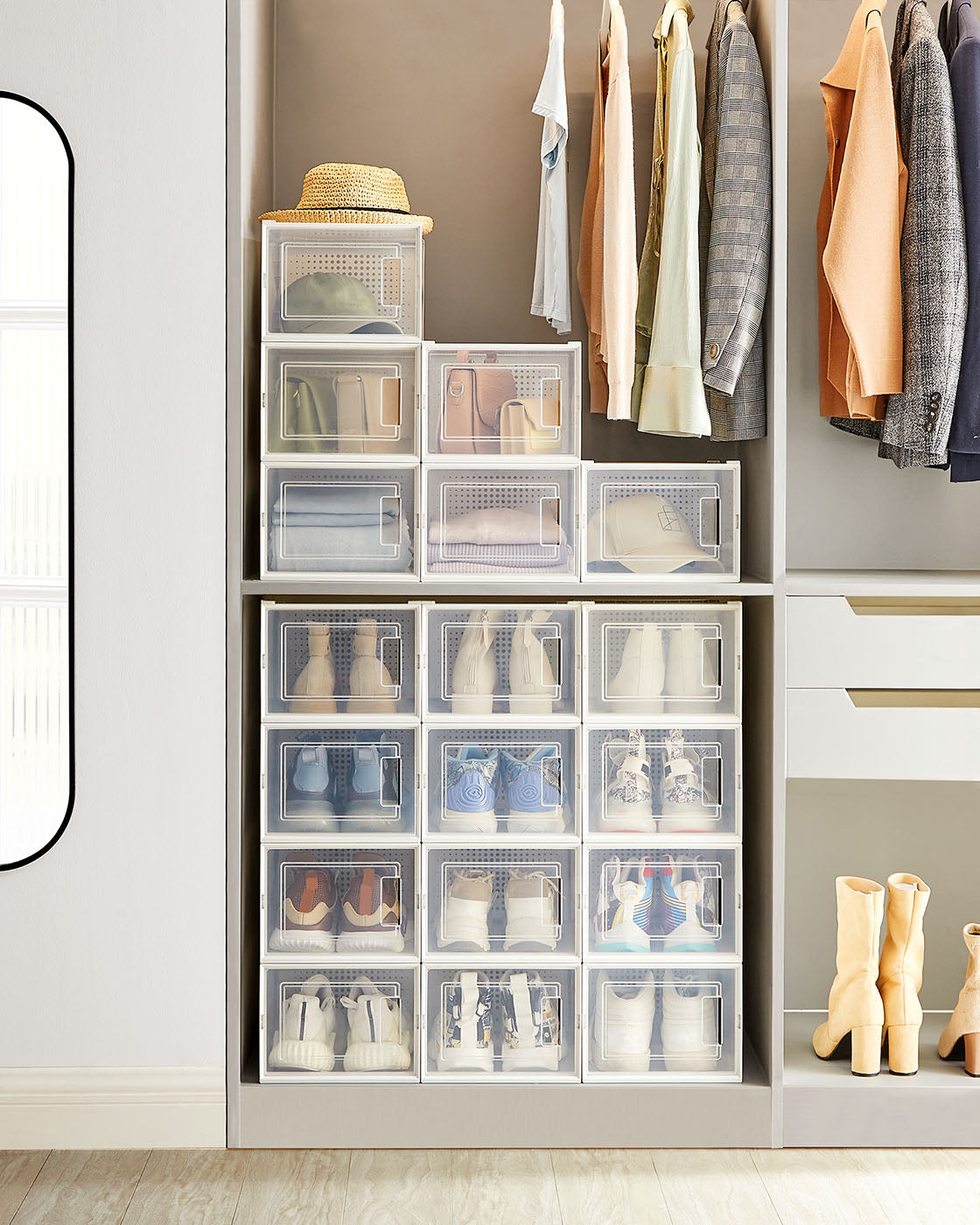Stackable Shoe Storage Boxes – Plastic – Transparent and White – Foldable Design, Fits Up to UK Size 9
