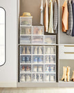 Stackable Shoe Storage Boxes – Plastic – Transparent and White – Foldable Design, Fits Up to UK Size 9