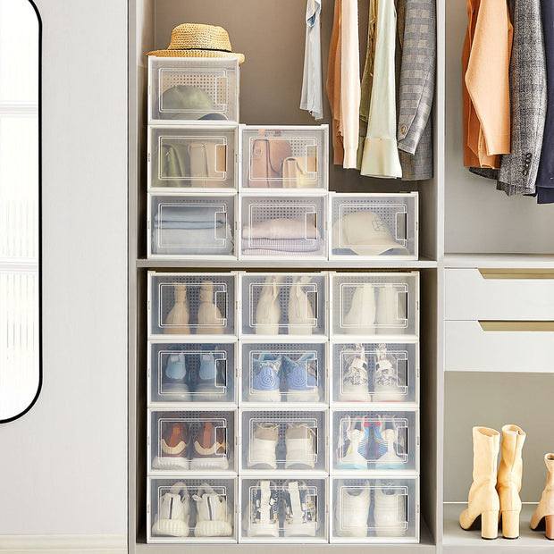 Stackable Shoe Storage Boxes – Plastic – Transparent and White – Foldable Design, Fits Up to UK Size 9