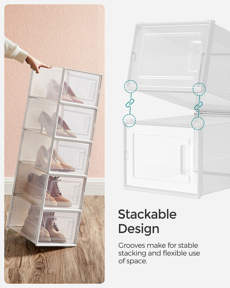 Stackable Shoe Storage Boxes – Plastic – Transparent and White – Foldable Design, Fits Up to UK Size 9
