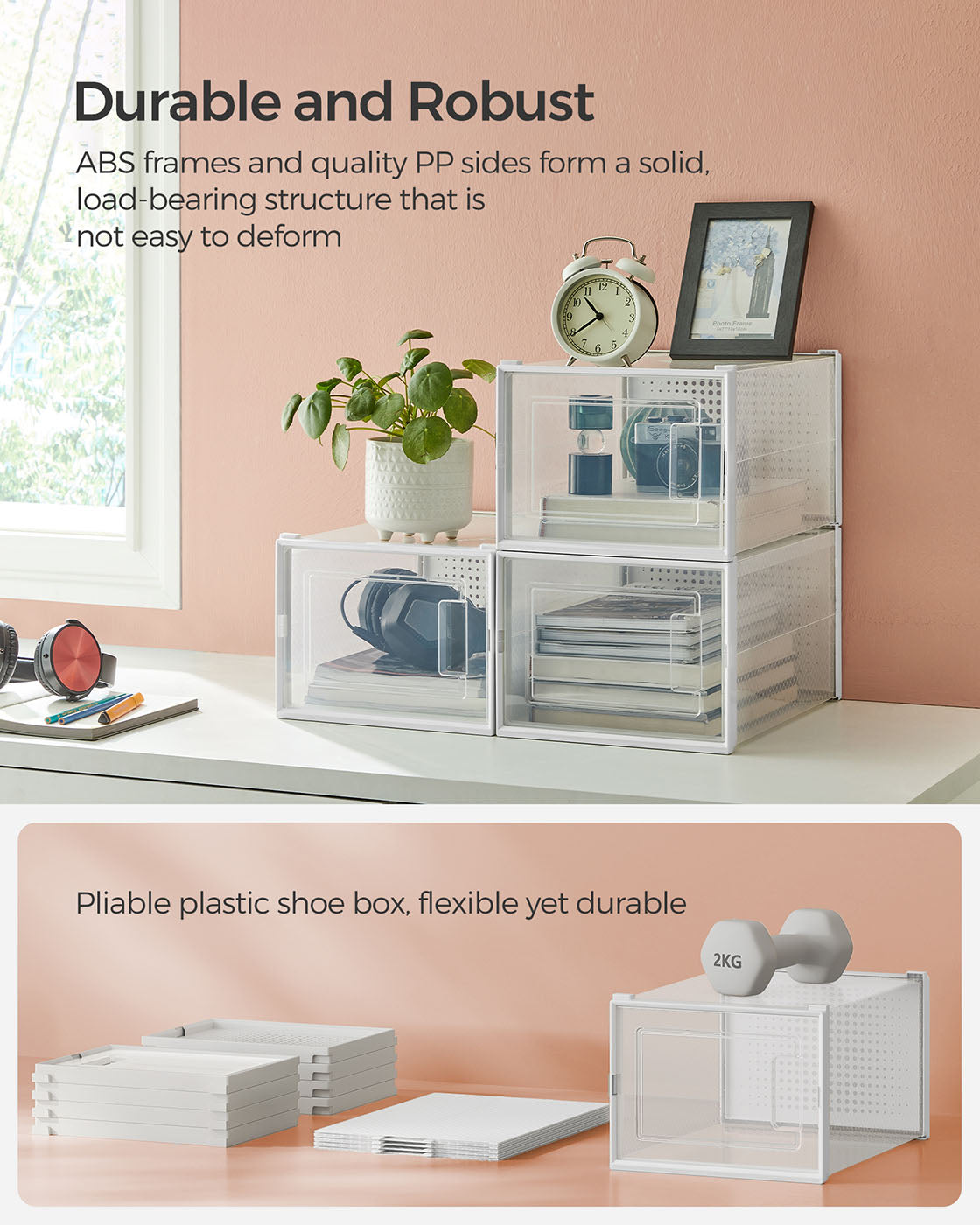 Stackable Shoe Storage Boxes – Plastic – Transparent and White – Foldable Design, Fits Up to UK Size 9