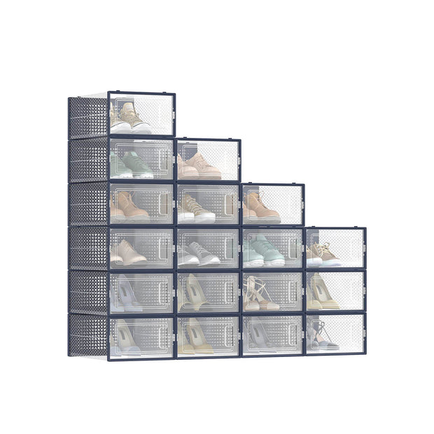 Stackable Shoe Boxes – Plastic – Transparent and Charcoal Blue – 18-Pack Solutions for Sneakers
